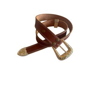 Brown Full Grain Leather Belt  Gold Buckle 40-42 NPET Western Style Adjustable